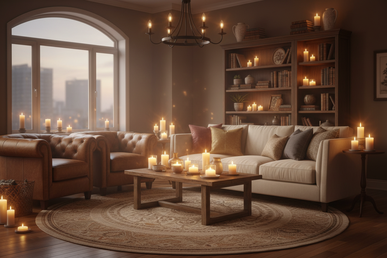 salons avec lumiere tamise et bougie ârfumé
